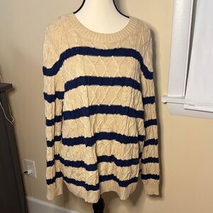 Lands end drifter cable knit tan/blue striped pull over sweater 1X